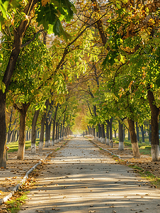秋天一排排树木排列在空荡荡的公园小路上