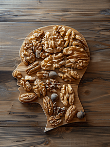 素食坚果摄影照片_画人头与大脑和坚果核桃在木质背景健康食品思考