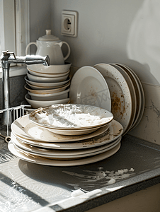 厨房里灰色现代花岗岩水槽里堆满了脏盘子比如盘子
