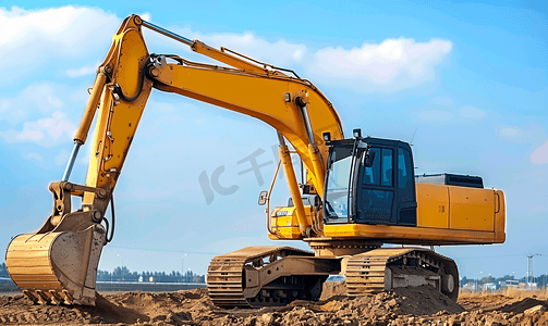 跨年活动摄影照片_有铲子和其他重型机械的黄色挖掘机在建筑工地