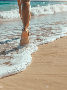 赤脚走在墨西哥水边的沙滩上