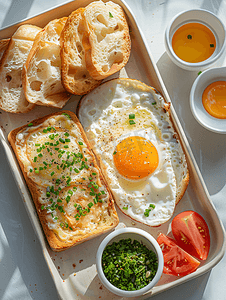 食物托盘中奶酪蛋和黑面包的顶视图