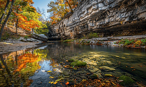 秋天的色彩和安静溪流上的石灰岩悬崖