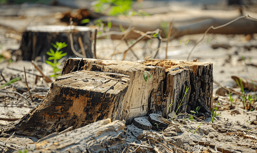 砍伐森林的细节老树干原木