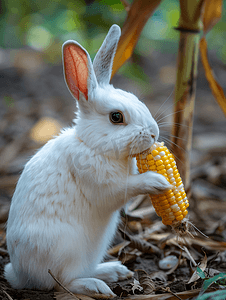 可爱兔子耳朵摄影照片_白老兔吃玉米穗特写