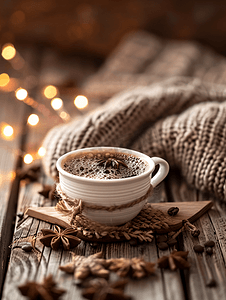 木桌上冬日早晨概念横幅上配有针织毛衣的热咖啡