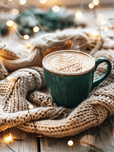 木桌上冬日早晨概念横幅上配有针织毛衣的热咖啡
