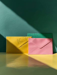桌上黄绿色和粉红色纸气泡信封