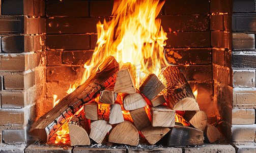 砖壁炉中燃烧的木堆和原木