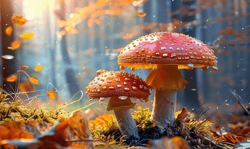 豹纹摄影照片_以森林中大型美丽毒蘑菇为主题的摄影