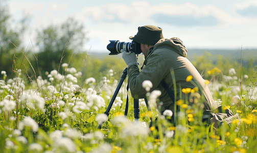 摄影师摄影照片_专业摄影师用相机和三脚架在美丽的草地上拍照