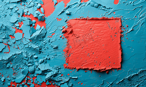 蓝色粉末上亮红色框架的印记复制空间抽象背景顶视图