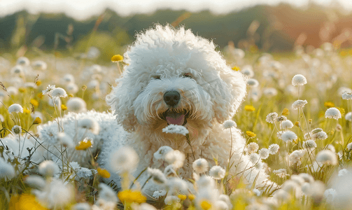 忠诚版面摄影照片_可爱的小狗科蒙多躺在开花的草地上