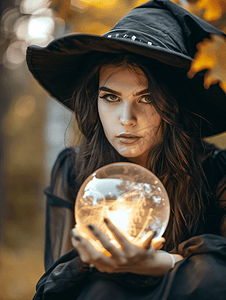 恐怖女巫摄影照片_魔女在魔法球中展望未来