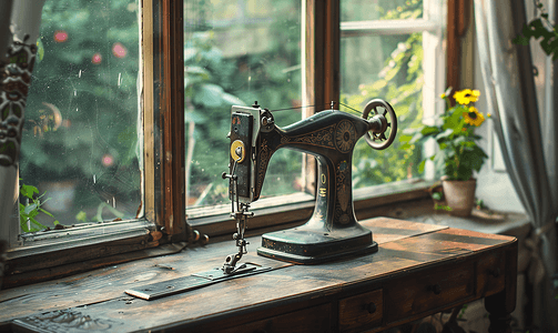 线裁缝摄影照片_一栋乡村房屋的窗户旁边立着一台带桌子的老式机械缝纫机。