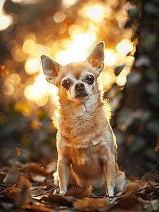 一只双眼失明的老吉娃娃狗坐在花园里沐浴着早晨的阳光