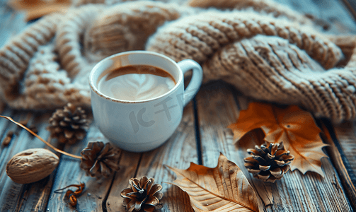 木桌上冬晨概念上的一杯热咖啡和针织毛衣