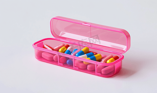 白色背景中粉色药丸盒中的药丸