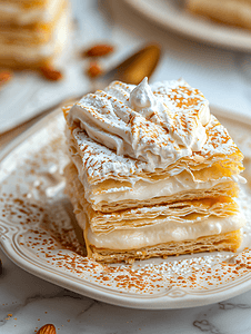 白盘中的千层酥的特写自制甜蛋糕拿破仑泡芙甜点