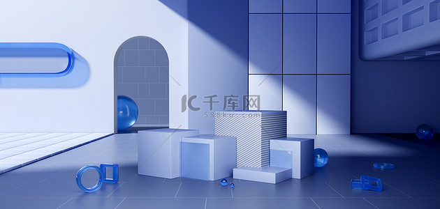 简约产品背景背景图片_C4D 蓝色方块简约海报背景
