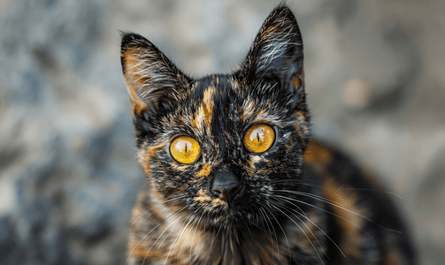 小猫跳跃摄影照片_美丽的黄眼睛玳瑁猫