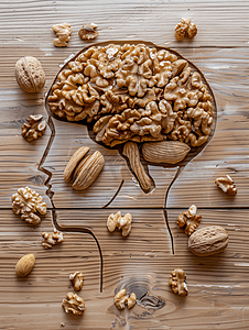 520营养日摄影照片_画人头与大脑和坚果核桃在木质背景健康食品思考
