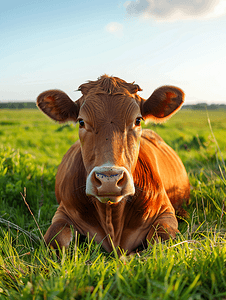 躺在草地摄影照片_一头棕色的牛躺在绿草地上