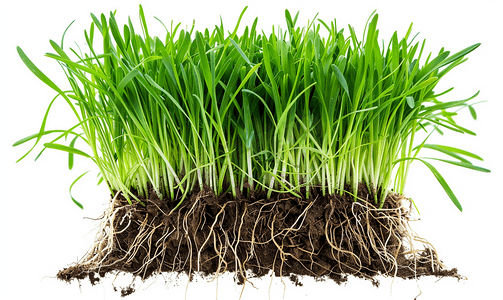 小麦背景摄影照片_白色背景中带有根的绿色植物或草类