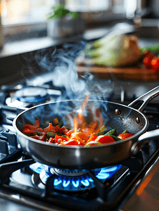 电磁炉锅摄影照片_厨房燃气灶上煮食物的锅