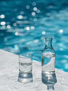 游泳池背景下的白色桌子上放着玻璃杯和瓶子里面装着水