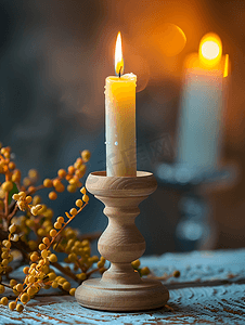 木制烛台与燃烧的蜡烛节日装饰表