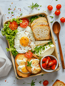 食物托盘中奶酪蛋和黑面包的顶视图