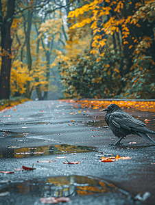 寒鸦摄影照片_一只乌鸦沿着雨路行走