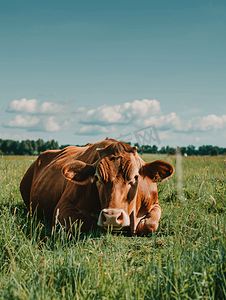一头棕色的牛躺在绿草地上