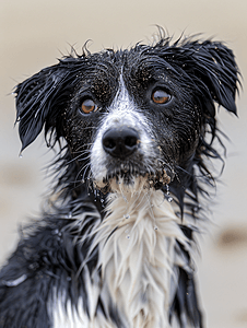 沙滩游泳后湿黑白狗的肖像