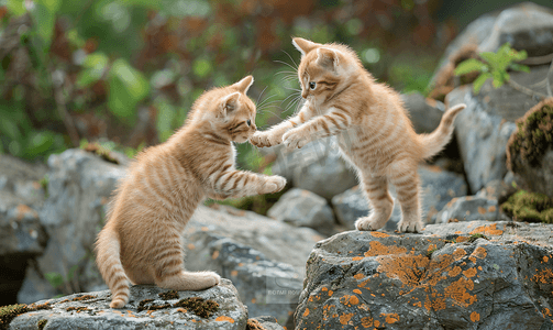 石头可爱摄影照片_两只黄色小猫在外面玩耍两只猫在石头里打架玩耍