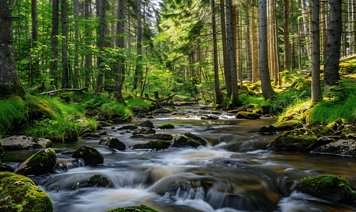 森林景观中的河流与岩石