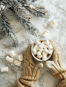 可可与棉花糖羊毛手套和石膏顶视图上的圣诞树