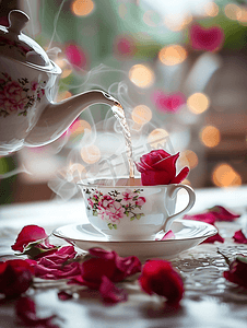 热玫瑰茶从水壶倒入茶杯然后上桌
