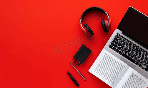 音乐背景摄影照片_红色背景工作场所横幅上的顶视图开放音乐书耳机笔和笔记本电脑
