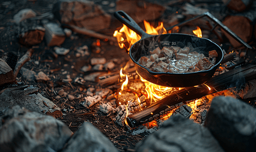 大锅烩菜摄影照片_夜间在营地附近的篝火上用铸铁锅烹饪食物