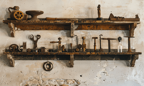 工业复古摄影照片_靠墙复古风格的旧工具架