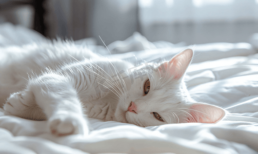 白猫躺在床上看起来放松猫