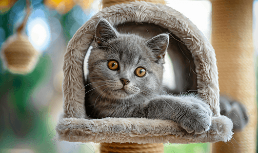 美丽的英国灰白色小猫躺在猫屋上微笑