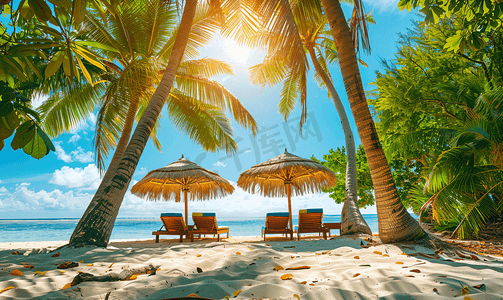 夏季旅行摄影照片_高大美丽的棕榈树绿叶和躺椅配有折叠太阳伞