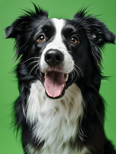绿色背景上可爱的黑白长毛狗的肖像
