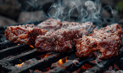 食物卡路里摄影照片_肉在外面煎生肉放在刀片上在煤上加热食物