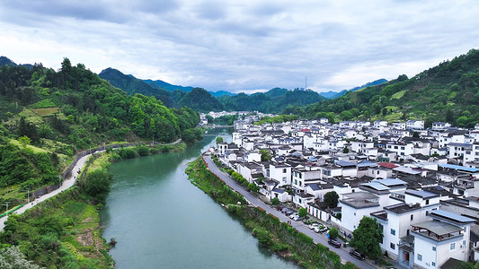 航拍峡谷山村河流古村落美丽乡村模板