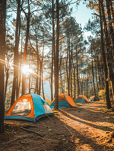 圆顶帐篷在森林露营地露营