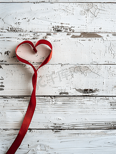 白色木质背景上的情人节快乐红丝带心